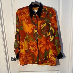 BCBG Vintage Women’s Blouse Black Red Yellow Jeweled Cuffs Black Trim XL